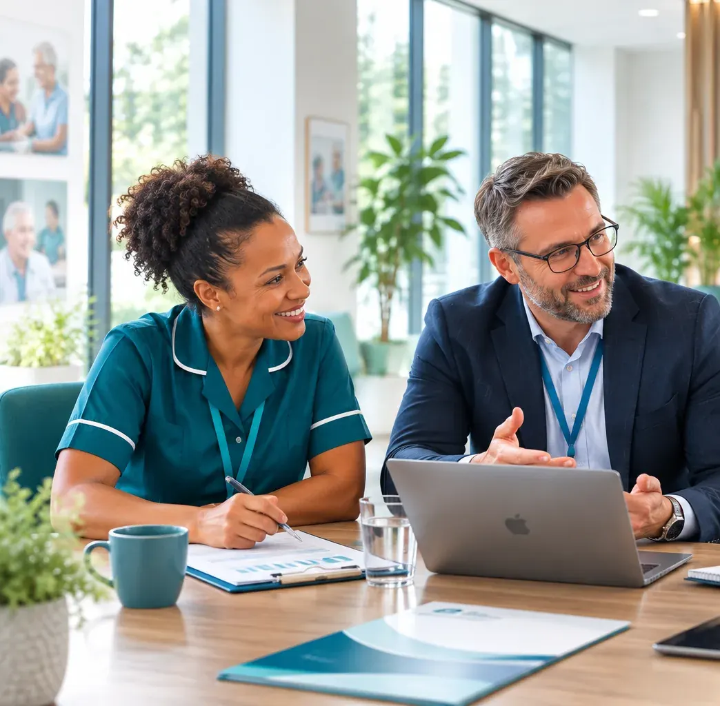 A Phoenix Care 4 U nurse in consultation with a healthcare executive