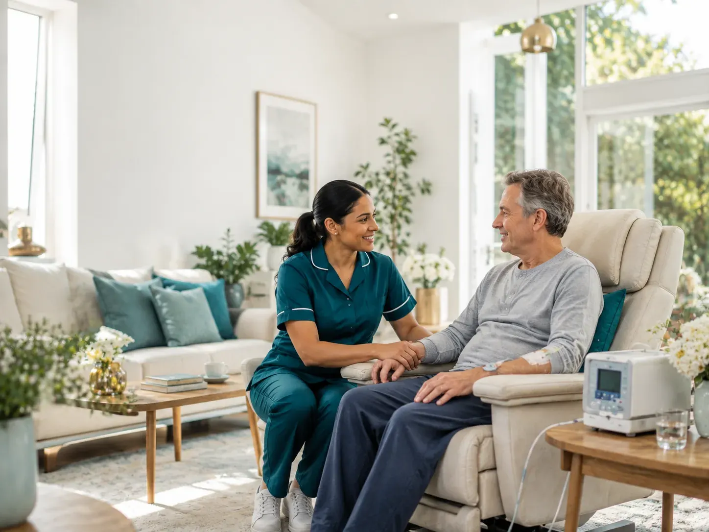 A carer sitting with a client receiving complex clinical care at home
