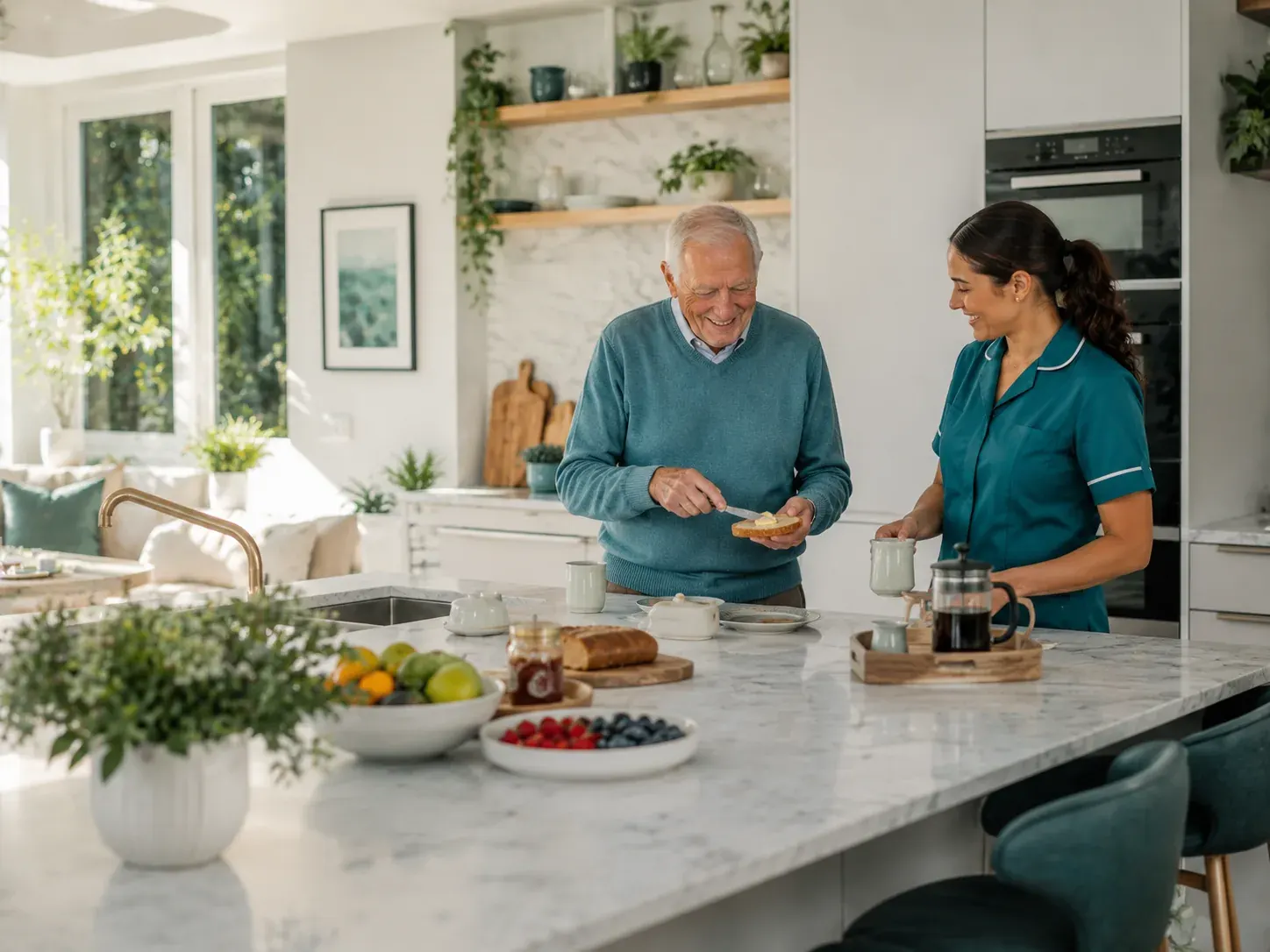 A carer walking arm-in-arm with a client through a garden